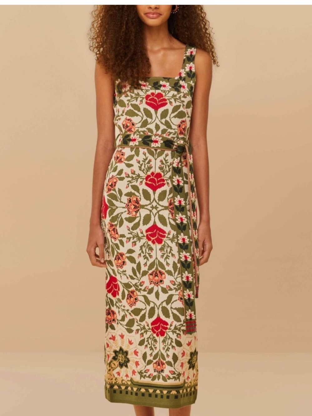 FARM Rio Olive Green Knit midi Dress with Red and Orange Floral Embroidery xs